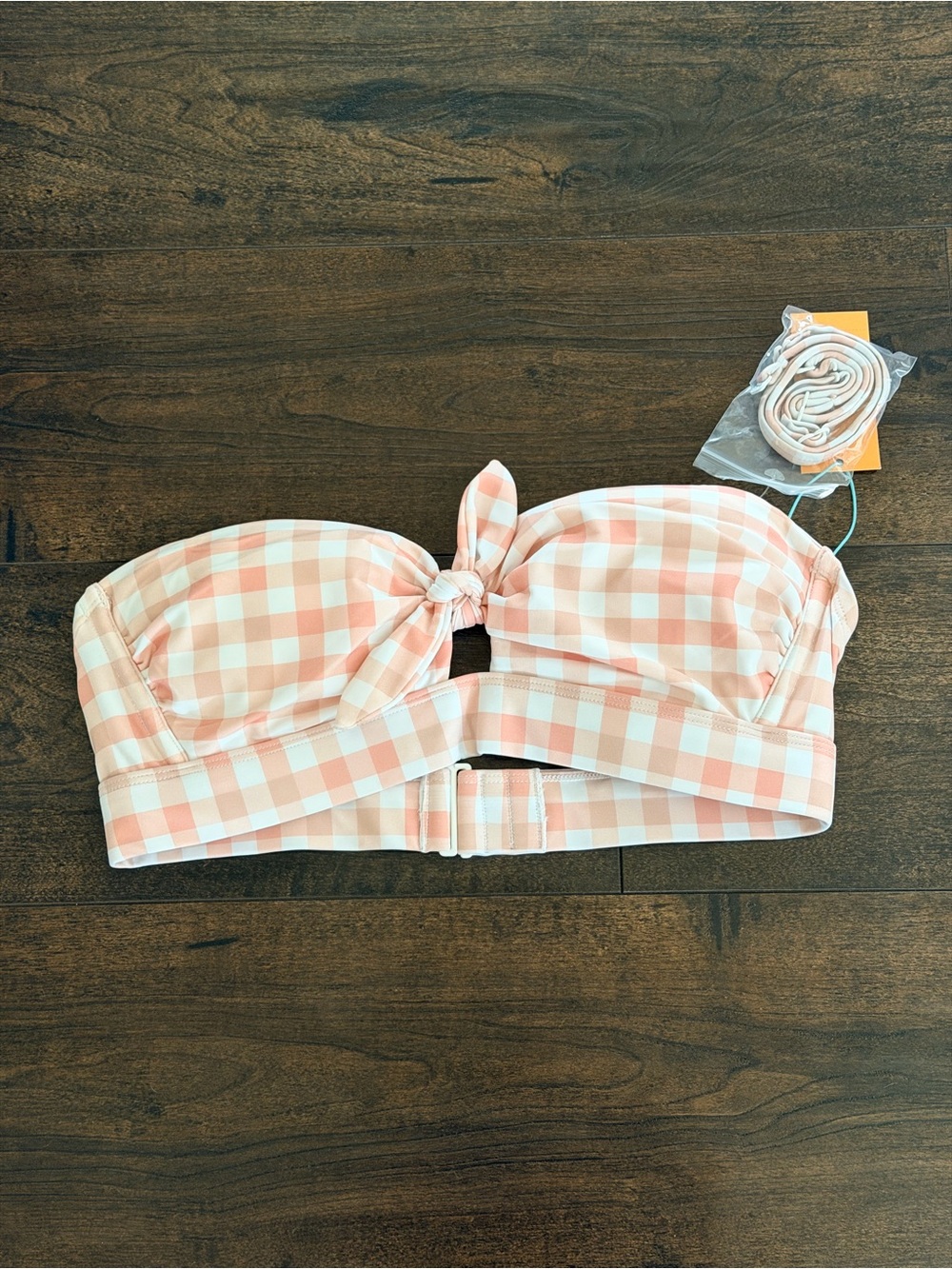 NWT Kona Sol Baby Pink Gingham Print Front Tie Bandeau Bikini Top - Picture 2 of 4